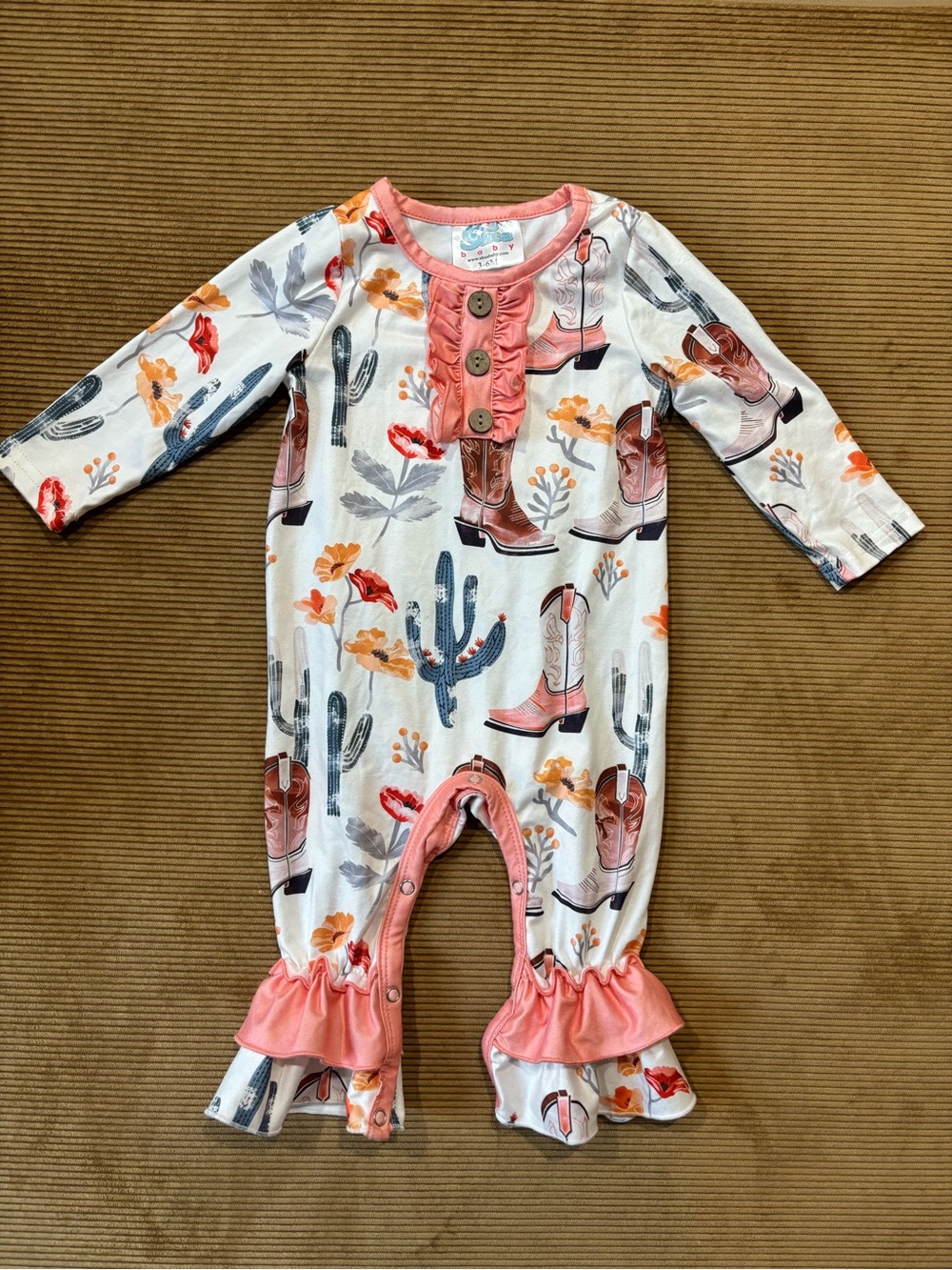 Pink Cowboy Boot Print Ruffle One-Piece for Kids